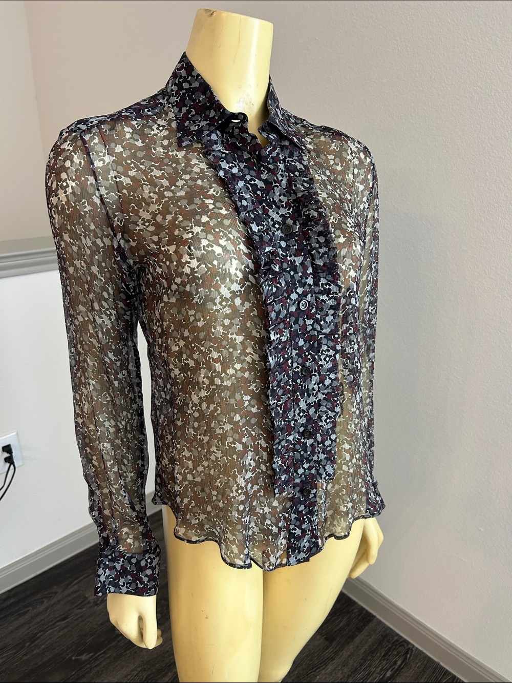 Burberry Sheer Floral Ruffle-Front Blouse - Black gray burgendy Size 6